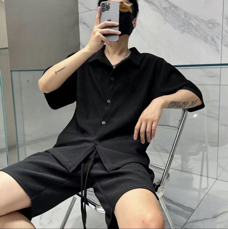 BỘ THUN SƠ MI QUẦN SHORT TAY NGẮN CHẤT LIỆU VẢI LEN GÂN TRƠN DÀNH CHO CẢ NAM VÀ NỮ Menswear Áo Màu Đen