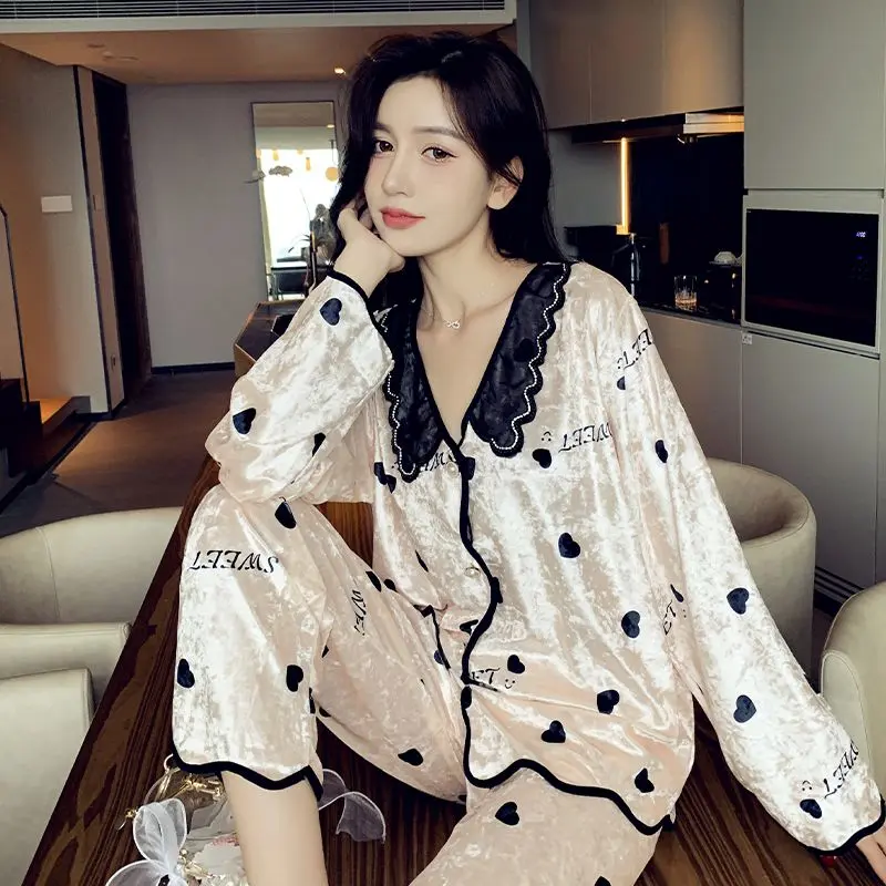 Bộ Đồ Ngủ Nhung Kim Cương, Dành Cho Nữ, Bộ Đồ Mặc Nhà Dài Tay, Phong Cách Pháp Ngọt Ngào Bộ Sưu Tập Xuân Thu Và Mùa Đông, Nhung Vàng, Hàng Mới Về, 2024