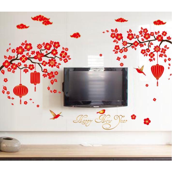 Decal trang trí tết - Cành Mai Đào đỏ lồng đèn chữ HPNY và nhiều mẫu tinh tế dán tường xinh xinh