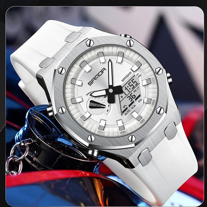 Đồng hồ nam SANDA 3309 thể thao viền thép chống rỉ dây silicon, chống nước 50M, hiển thị 2 chế độ , kính khoáng, máy nhật bản, Hk watch Đeo Tay