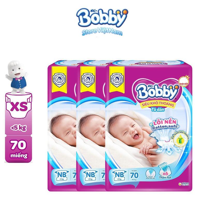 [COMBO 3] Bobby Tã dán XS70 Siêu khô thoáng Lõi nén cotton soft cho bé sơ sinh