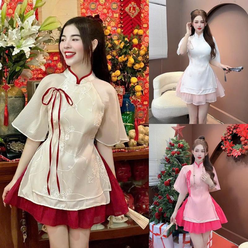 Sét bộ nữ áo cổ tàu tay lỡ cột nơ xẻ tà mix chân váy xòe (có lót) kiểu dáng điệu đà nữ tính cho nàng diện đi chơi lễ tết - Tay Loe - Dress