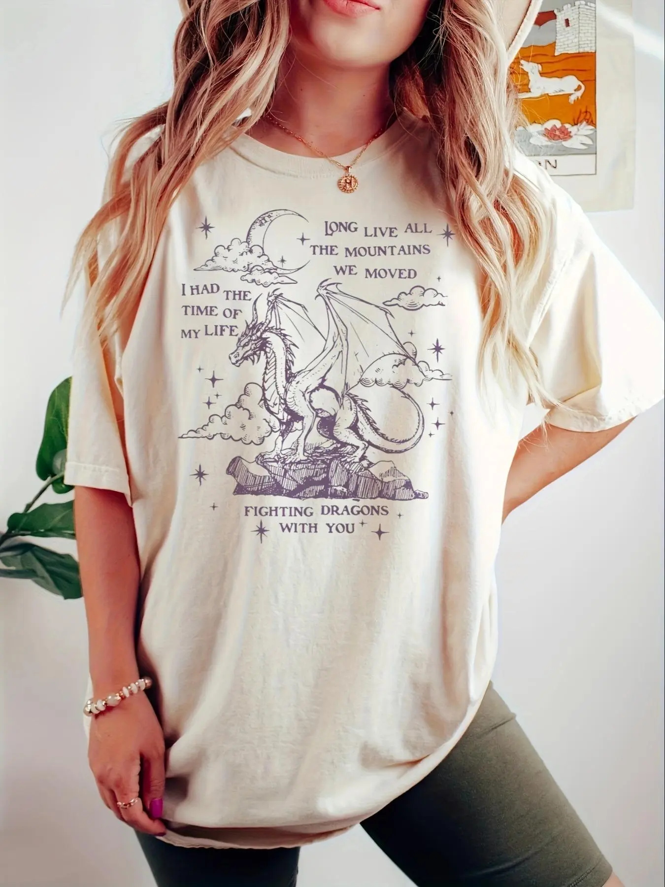 Women's Cartoon Dragon & Letter Print Round Neck Graphic Tee, Vintage Trendy Casual Drop Shoulder Half Sleeve T-shirt For Daily Wear, Ladies All Seasons Outfit