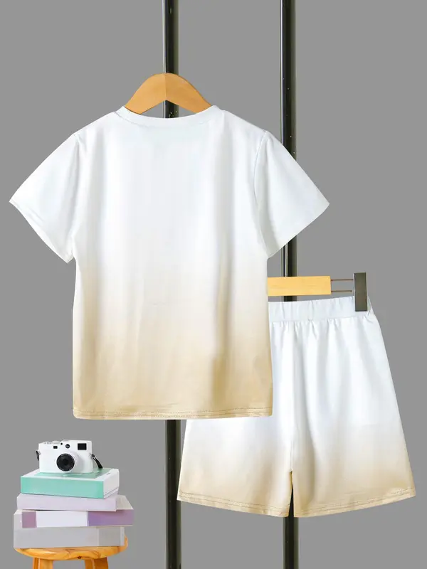 Boy's Ombre Letter Print Short Sleeve T-shirt Tee & Elastic Waist Shorts Set, Summer Outfits 2024, Summer Sets, Kids Clothing, Comfort Cozy Casual Summer Outfits Clothes for Kids, Festival Outfit 2024 5