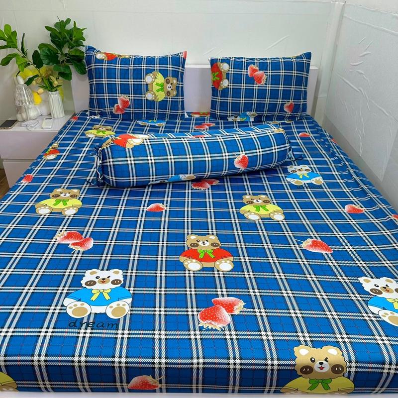 Bộ Ga Thun HQ Gấu Caro xden ( 4 món): 1 ga bo chun, 2 vỏ gối nằm, 1 vỏ gối ôm