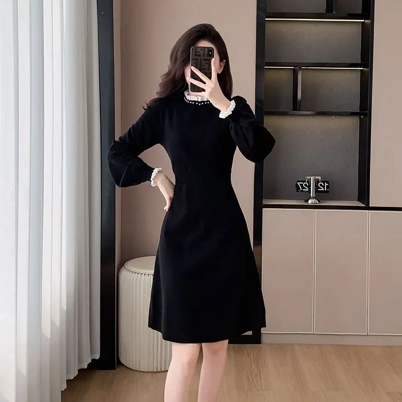 Váy Dệt Kim, Phong Cách Hepburn, Váy Đen Nhỏ Dành Cho Nữ, Thích Hợp Cho Mùa Thu Và Mùa Đông, Váy Len Mặc Trong Cao Cấp, Váy Len Mặc Trong Mỏng Women Dress Khuy Cổ Tròn 1