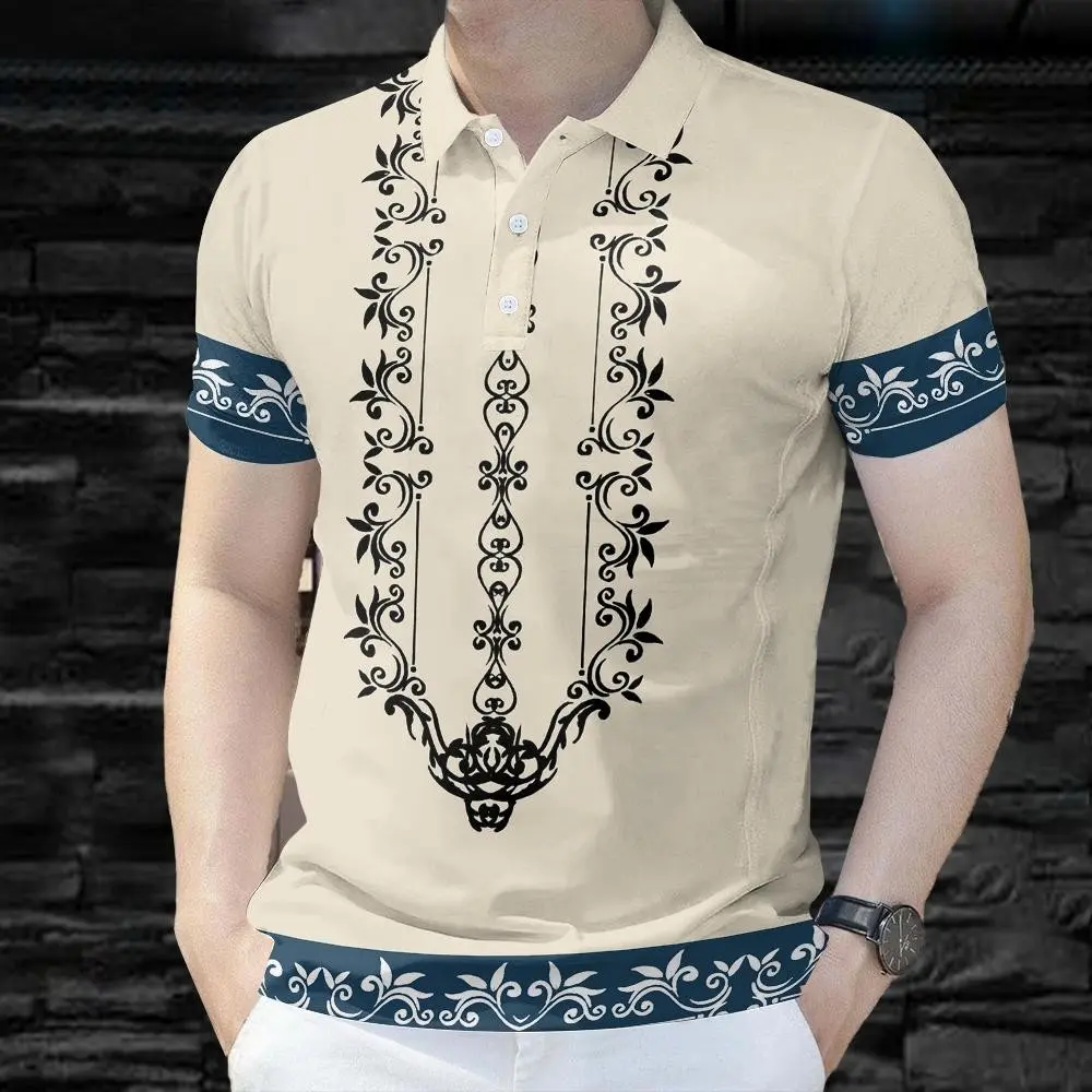 2025 Philippine Ethnic Style Modern Barong Lapel Button Short Sleeve Shirt for Men Retro Traditional Pattern 3D Printing Clothing Outdoor Loose Casual Large Size Polo Shirt for Men Menswear Top