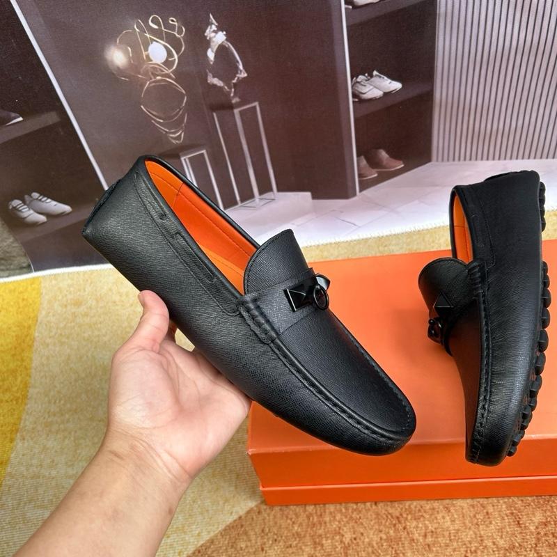 Giầy lười nam HMN da bò thật in vân tai ga móc núi mũi tròn sang trọng Shoes GiàY Đế cao su Hoa Đế Bằng Đế Bằng