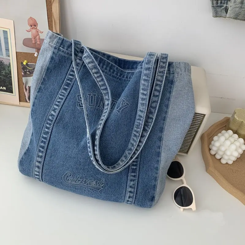 Big Bag 2024 New Trendy Women's Korean Style Vintage and Little Fresh Canvas Denim Women's Bag Shoulder Bag Casual Purchase bread  wallet