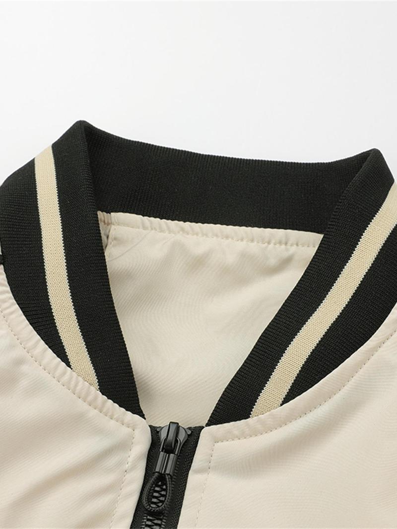 Product Introduction of Men's Striped Trim Zip Up Bomber Jacket, Casual Comfy Long Sleeve Baseball Collar Outerwear for Spring & Fall, Fashion Men's Clothes for Daily Wear 8