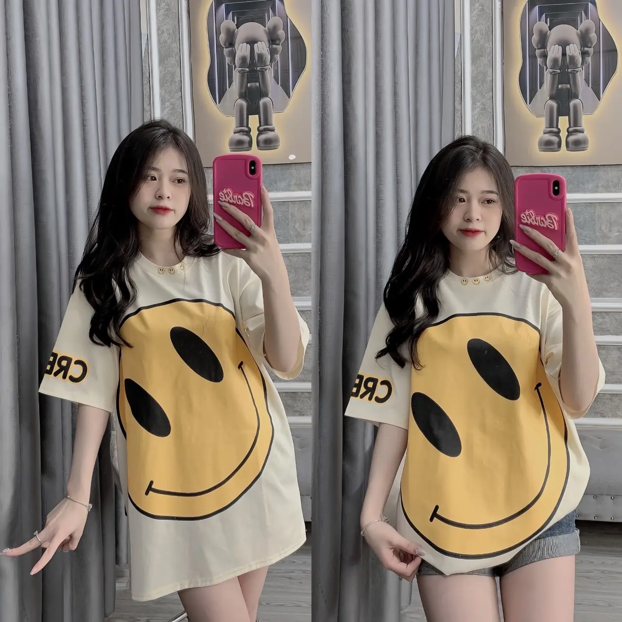 Áo Phông chất cotton mịn 2 chiều - Mặt cười to cổ in pet (Free size 40-70kg) Nữ Top