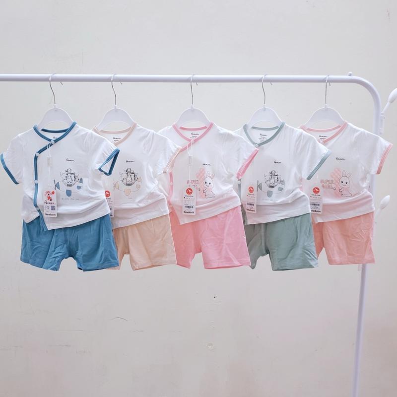 Avaler Bộ quần áo cộc tay mùa hè trẻ em sơ sinh cúc bấm cài lệch vải sợi tre mềm mịn cho bé trai gái 0- 9 tháng