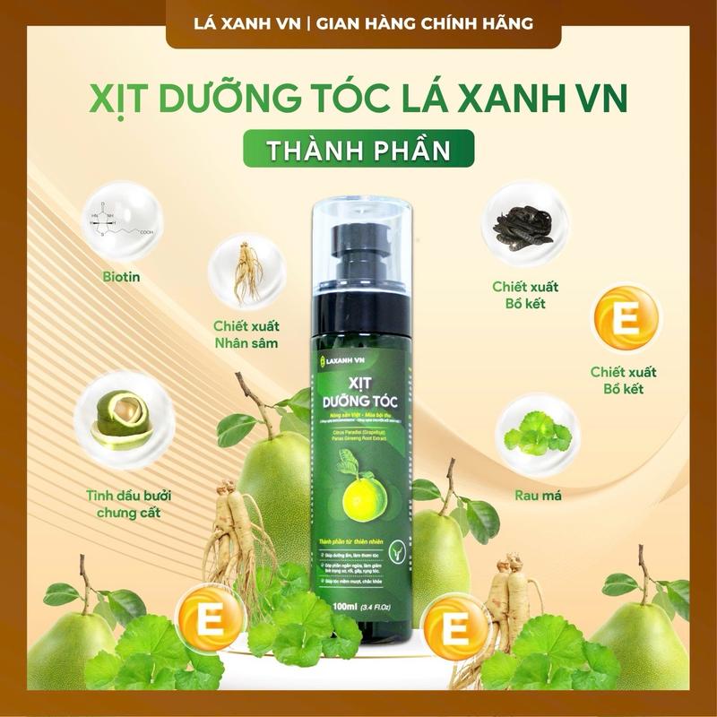 XỊT DƯỠNG TÓC LÁ XANH VN (100ml) +(Tặng kèm 03 gói rau củ cần tây, mật ong) + thành phần từ tinh dầu bưởi, biotin, nhân sâm ... hỗ trợ mọc tóc, giảm gãy rụng, chắc khoẻ tóc