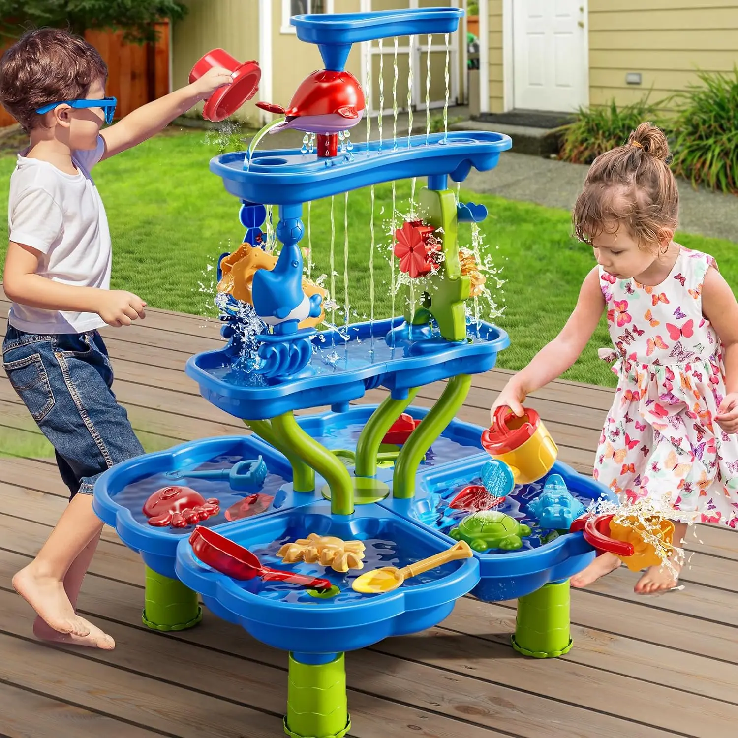 Water Table With Umbrella 2-in-1 Beach Sand Water Play Table For
