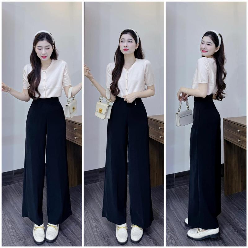 Quần ống suông lưng cao khoá sườn dáng suông vải tuyết mưa màu đen học sinh sinh viên nữ Women Pants