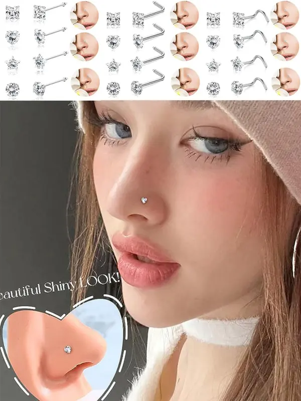 Rhinestone Decor Heart & Star Design Nose Studs, Nose Studs Piercing Jewelry for Women Girls, Nose Stud for Daily Wear, Body Jewelry for Party, Daily Decor 5