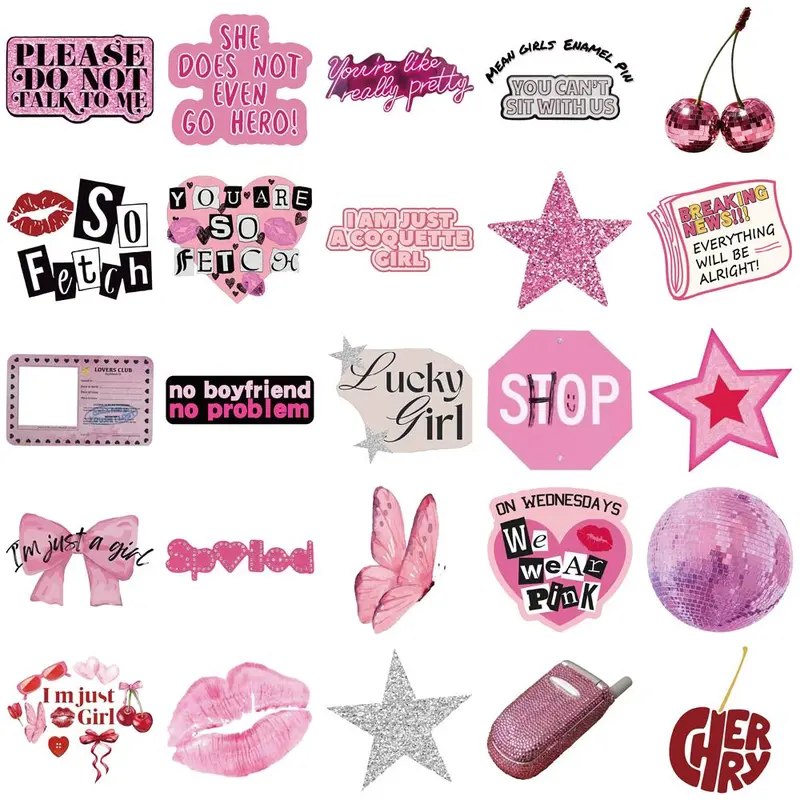 Pink Themed Sticker, 50pcs/set Cute Cartoon Sticker, DIY Decorative Sticker for Phone Case, Computer, Guitar, Bag, Water Cup, Scrapbook, Screen Protector 8