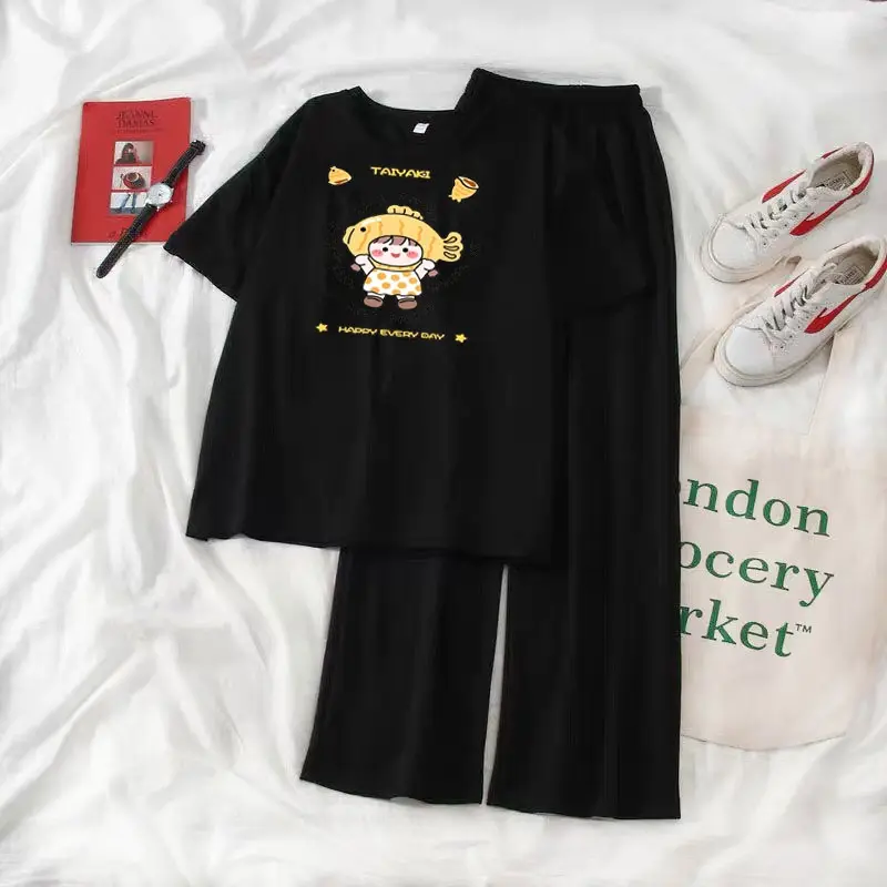 [FREESHIP] SET áo phông Cô gái mũ Cá  phối  quần suông ống rộng, Áo thun from rộng, mặc cho Nam và nữ chất đẹp, SET bộ mặc ở nhà -Tuệ An-Fashion