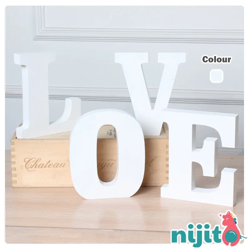 Nijito - Stand Wooden Alphabet A-Z Letters Number Huruf Kayu ABC Blocks White Home Lotus Christmas Decoration Birthday