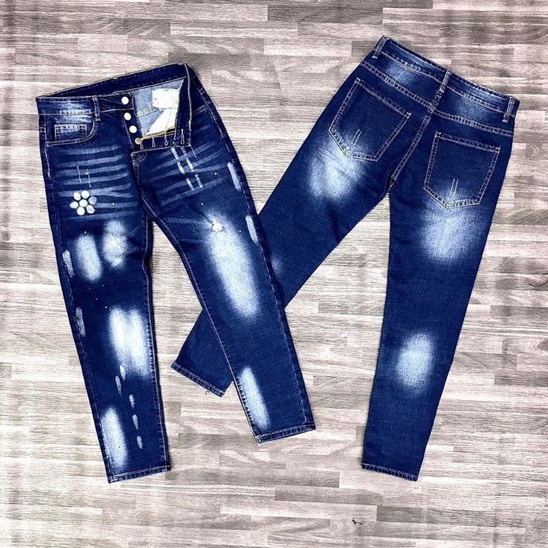 Quần jean nam boy phố cao cấp màu xanh vải chất bò co dãn phối họa tiết phong cách mẫu mới Menswear Pants 7