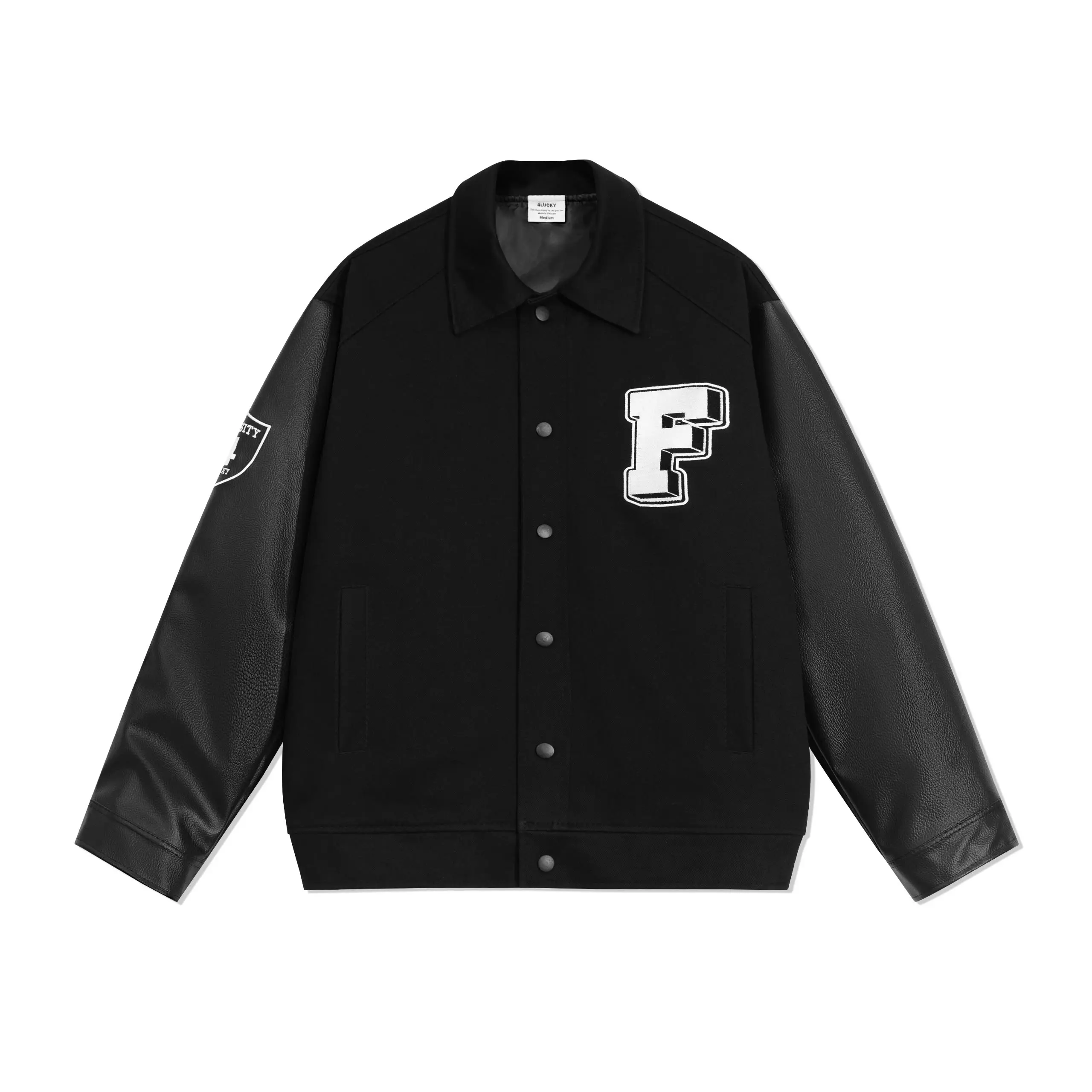 Áo Khoác Varsity Kaki Phối Da Cao Cấp 4LUCKY Unisex, Màu Đen Phối Tay Da Form Rộng, Có Túi Trong 6149