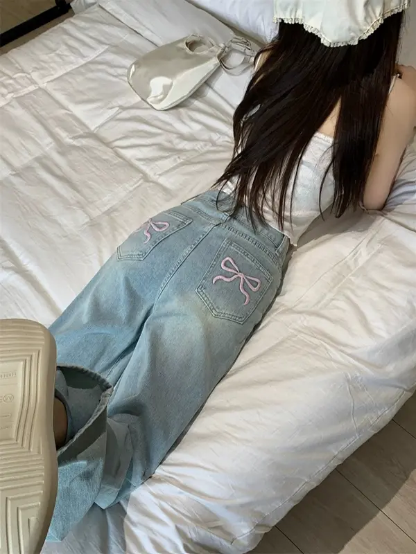 QUẦN  ỐNG RỘNG JEANS NỮ THÊU NƠ HỒNG CẠP CAO HOTTREND 2025 jean ong quần  jean quần  jean 2