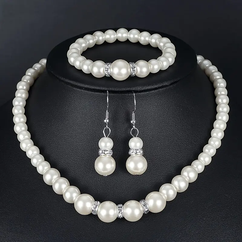 White Beaded Jewelry Set for Women, Necklace, Earrings, Bracelet, Three-piece Set, Beautiful Wedding Accessories