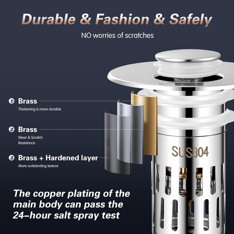 Product Introduction of Bathroom Sink Drain Strainer, Pop-up Sink Drain Filter with Removable Stainless Steel Filter Basket Hair Catcher, Bathroom Sink Drain Stopper for Home 6
