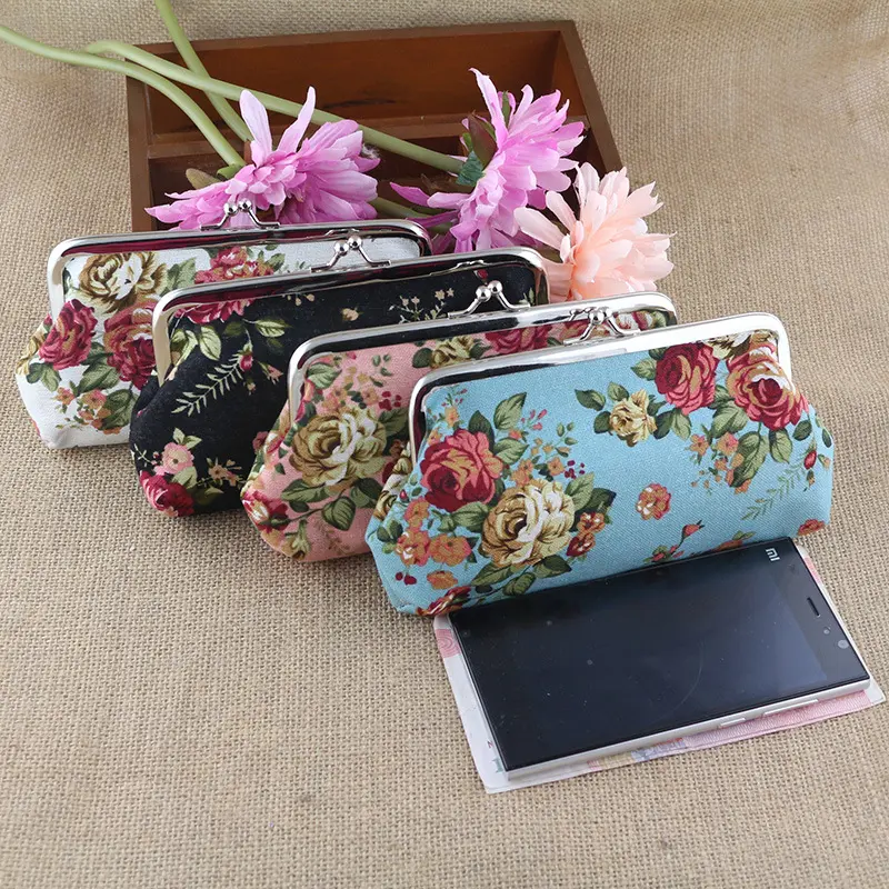 Fabric Women's Wallet Long Rose Canvas Coin Purse Printed Clutch Student Pencil Case