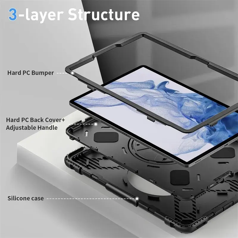 Case For Samsung Tab S9 FE 10.9 S7 S8 11 inch 2025 2023 2022 2020 T870 T875 X700 X706 X710 X716 X510 X516 Casing Heavy Duty Rugged Armor Shockproof Cover Pelindung Kesing Robot Stand Standing Rotate Rotating Penutup Silikon 3