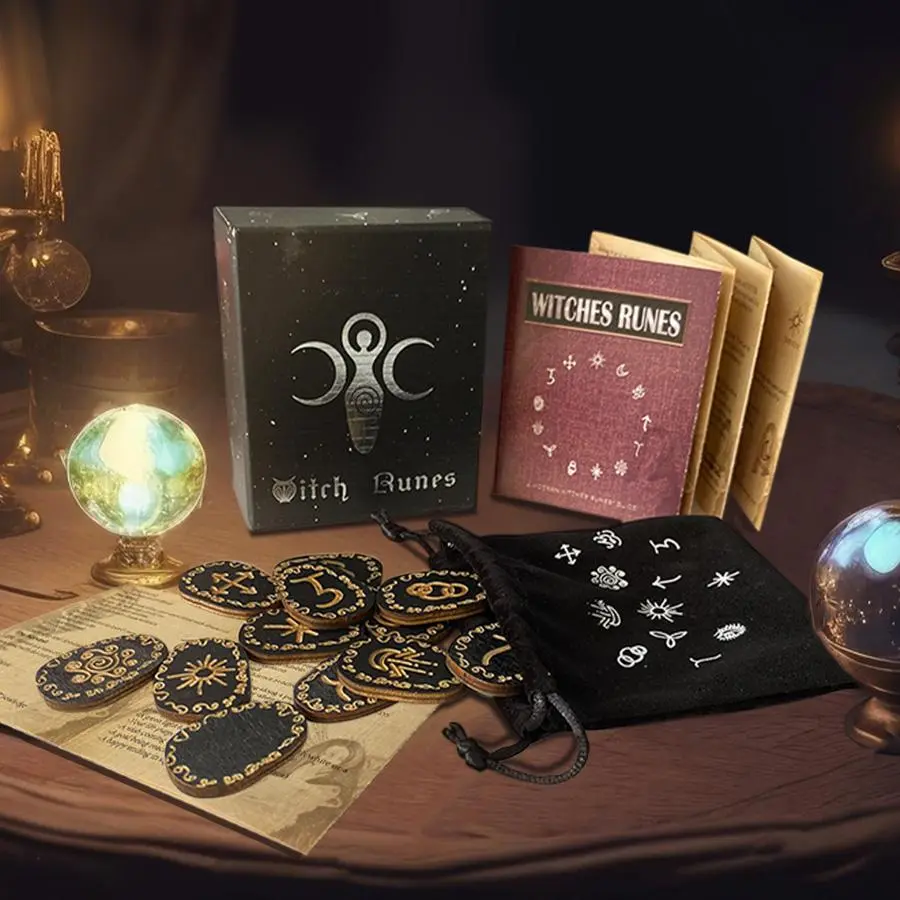 Wooden Viking Rune Set, 14pcs/set Engraved Energy Stone Runas for Altar Divination Spiritual Mediation, Wiccan Witch, Christmas Gift