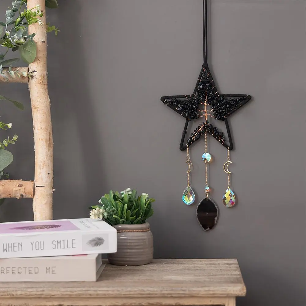 Star & Moon Design Dream Catcher, 1 Count Natural Agate Decor Hanging Ornament, Hanging Decor for Home Living Room Bedroom Garden