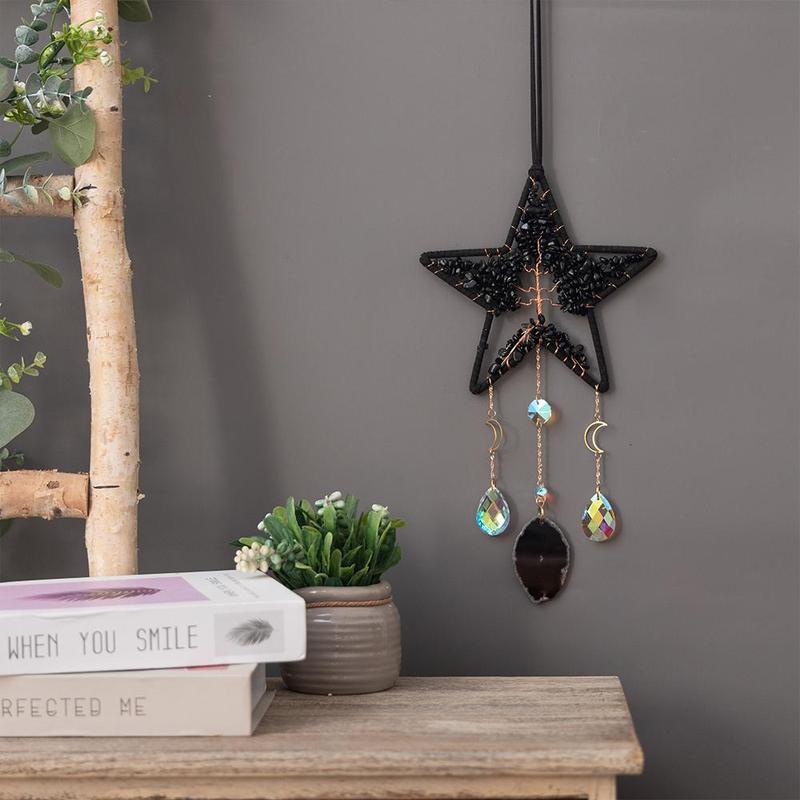 Star & Moon Design Dream Catcher, 1 Count Natural Agate Decor Hanging Ornament, Hanging Decor for Home Living Room Bedroom Garden 0