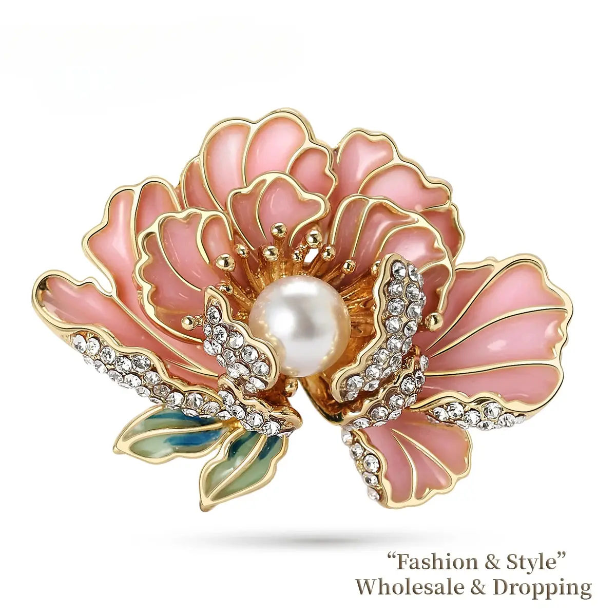 Trendy Elegant Pearl Peony Flower Brooch For Women Exquisite Crystal Rhinestone Brooch Pin Luxury Banquet Wedding Jewelry Gifts