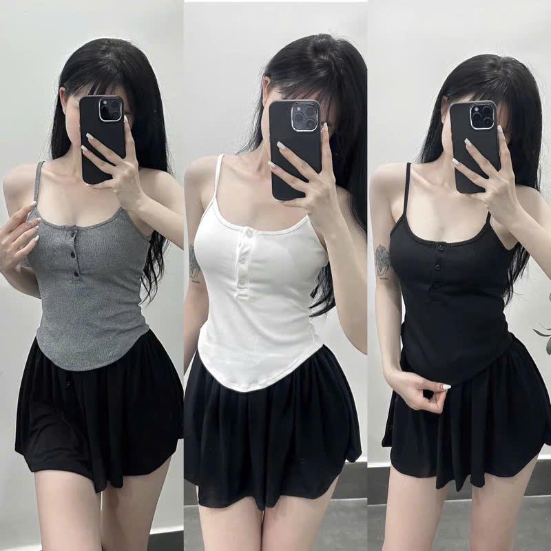(KÈM MÚT) Áo 2 dây cài cúc trước kèm mút trong ôm dáng phối khuy cài chất liệu tăm lạnh 7