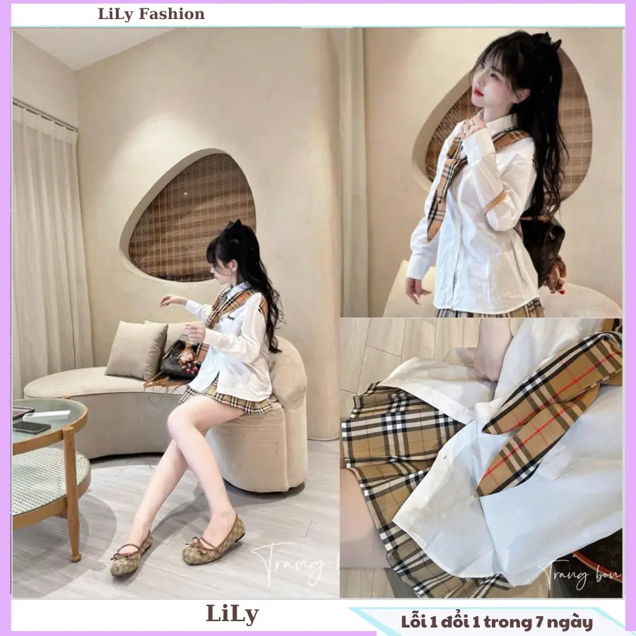 Set áo sơ mi phối khăn kẻ mix chân váy xếp ly nâu
