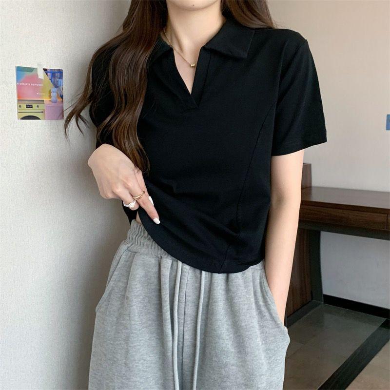 Product Introduction of Summer New Korean Style Polo Collar Solid Color Short-Sleeved Top for Women Slim Casual All-Match T-shirt Women 24