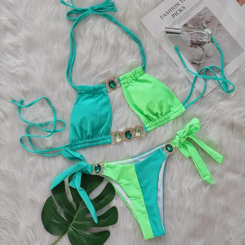 2025 New Crystal Diamond Bikini European and American Sexy Patchwork Bandage Women's Split Swimsuit Summer Vacation Beach Holiday Swimwear 6