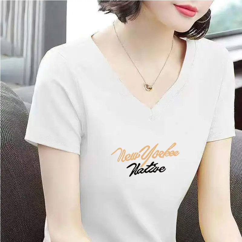 Women's V-Neck Short Sleeve T-shirt 2025 Summer New Simple Casual Fashion Plus Size Top