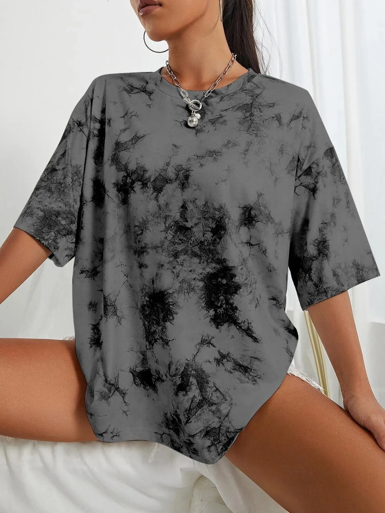 【Plus Size】 Tie Dye Print Drop Shoulder Tee, Fashion Casual Round Neck Half Sleeve T-shirt for Daily Outdoor Wear Sporty , Women Plus Clothing for Summer, Graphic Tees, Women's T Shirts