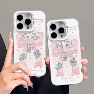 Bowknot rabbit suitable for Apple 15 Pro Max phone case 14 protective case 13 Pro (colorful silver) 12 (fashionable anti-drop cartoon)