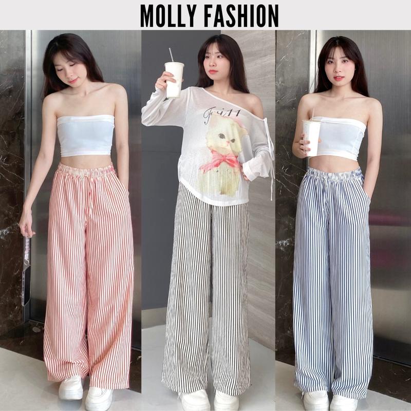 Quần Dài Nữ Kẻ Sọc NHIỀU MÀU phong cách streetwear, Quần ống rộng vải xốp nhăn dành cho nam nữ Molly Fashion 0