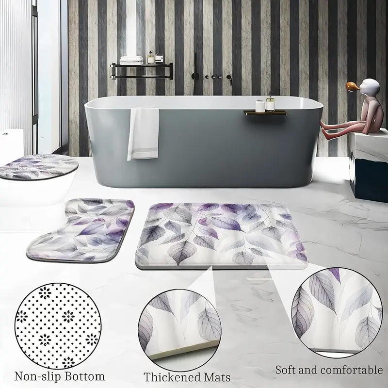 Leaf Print Shower Curtain Set, 1 Shower Curtain with 12 Hooks, 1 Toilet Lid Cover, 1 Rectangular Mat, 1 U-shaped Mat, Bathroom Decor Supplies 4