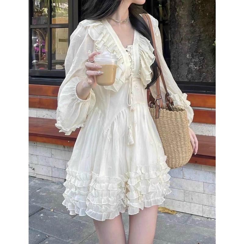 (Có BigSize) Đầm Váy Tơ Xốp Bèo Cổ Đan Dây Bèo Tầng Tay Dài A4CV006