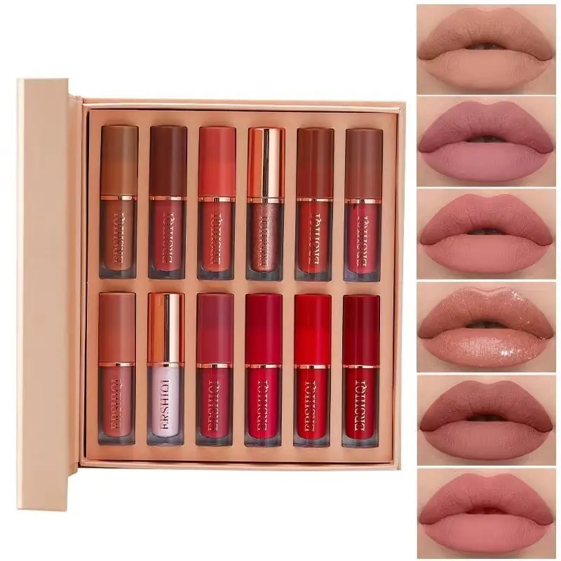 ERSHIQI 12in1 Lips Gloss Matte Waterproof Liquid Lipsticks Set cc Lipgloss Makeup