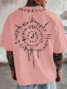 Men's Viking Compass Print Round Neck Graphic Tee, Loose Casual Short Sleeve T-shirt for Summer, Men's Top for Daily Wear, Tropical