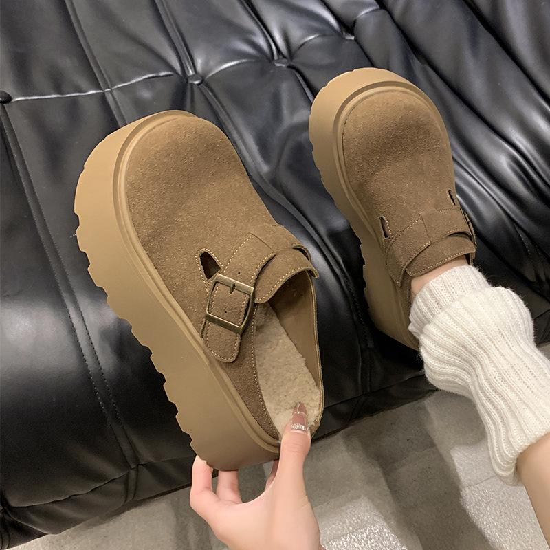 Giày sục nữ quai khoá đế độn 7cm lót nỉ bông bản da lộn kiểu dáng Hàn Quốc