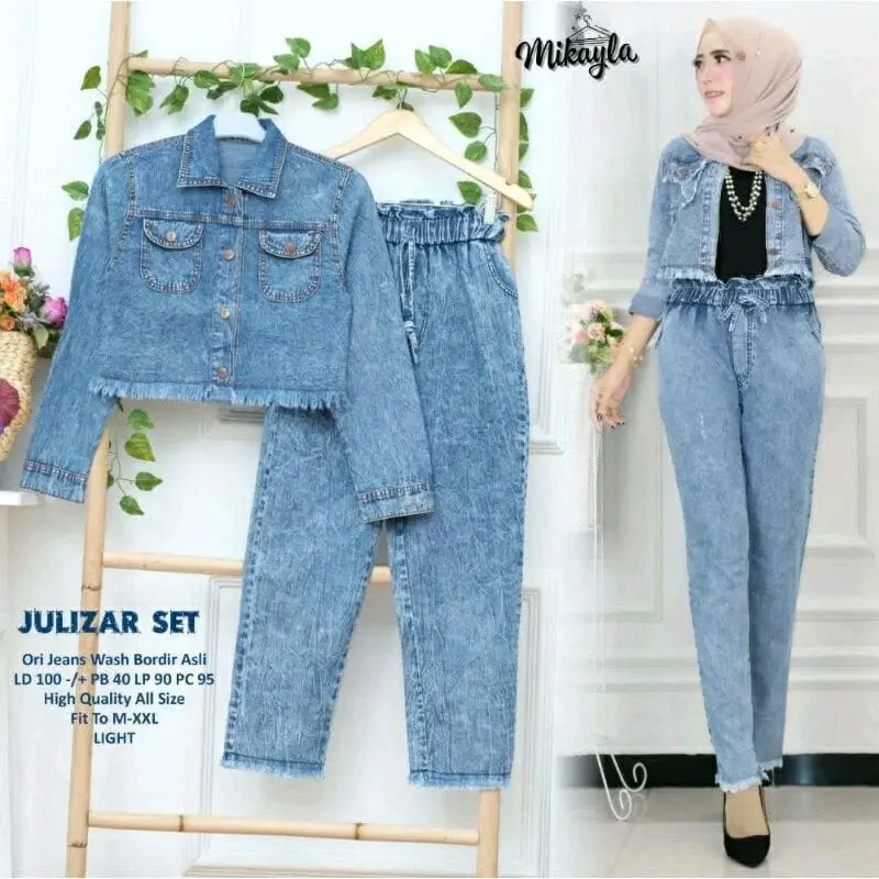 JAKET DAN CELANA SET MODEL JULIZAR CROP JEANS Biru Hitam Nyaman Panjang Setelan Wanita Denim