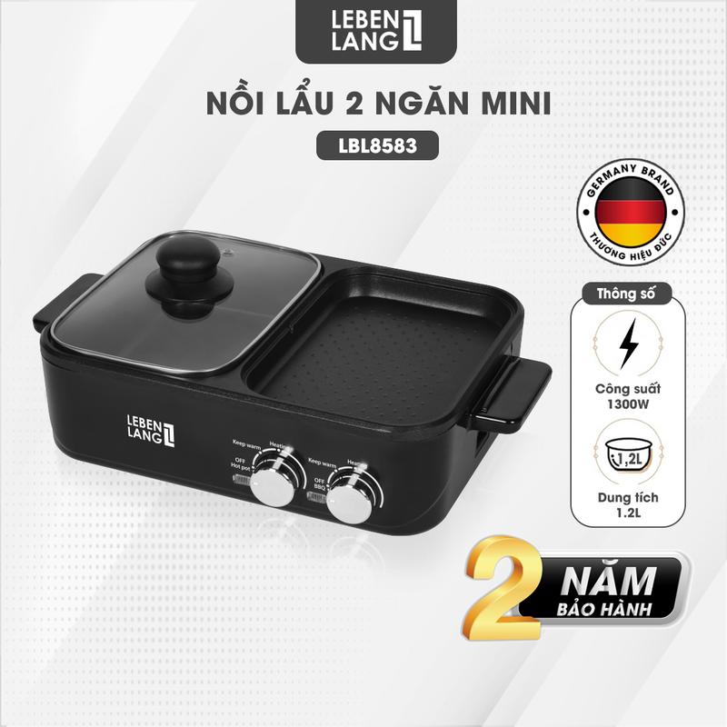 Nồi lẩu điện 2 ngăn mini Lebenlang LBL8583 bếp lẩu nướng 2in1 công suất 1300W 1200ml nhanh gọn tiện lợi - hàng chính hãng
