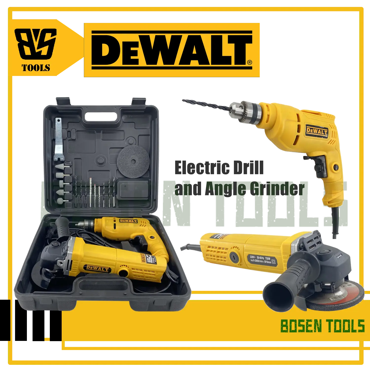 Dewalt 2 in 1 Pack DeWALT Electric Drill and Angel Grinder Set Free Accessories disc bits